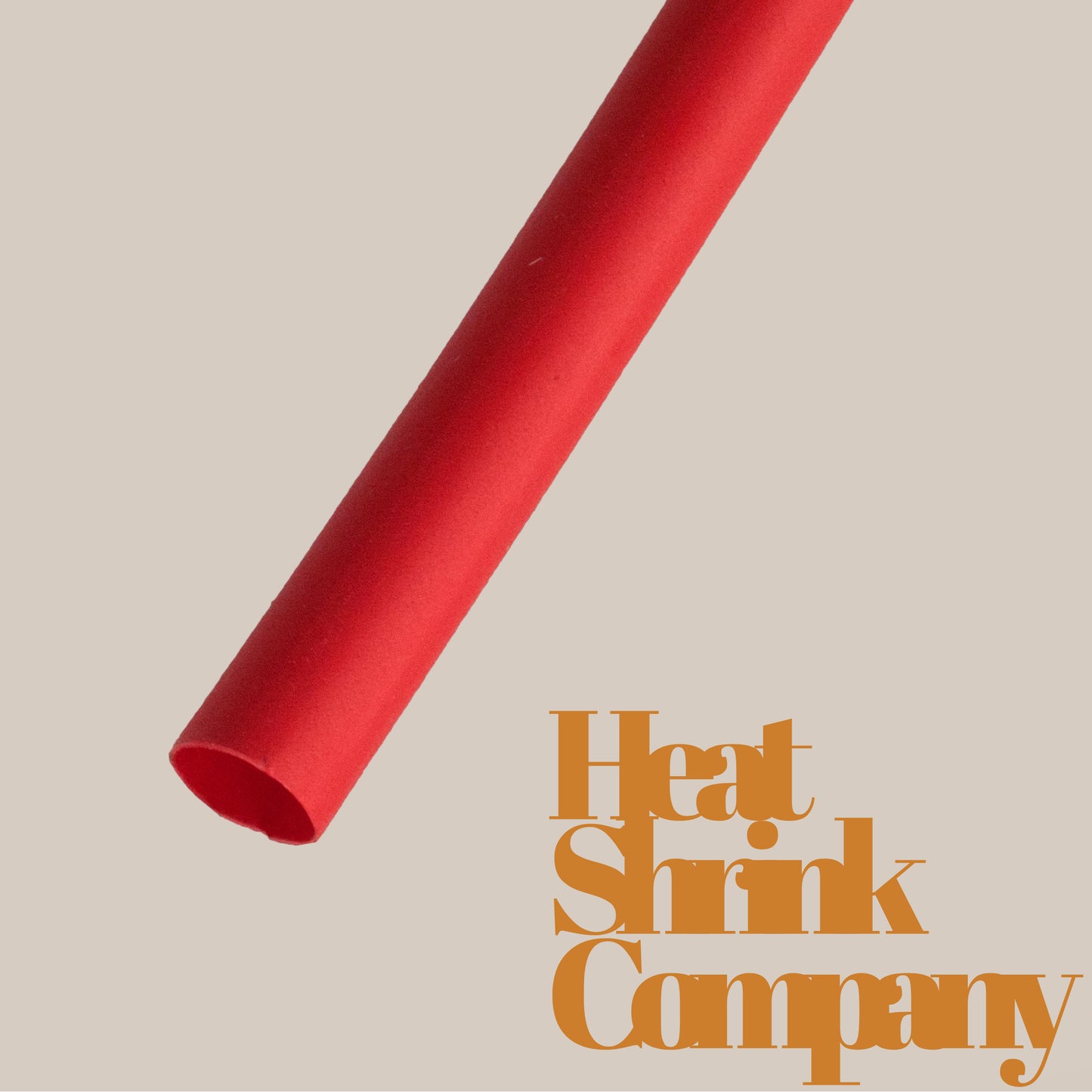 One red heat shrink tubes on a beige background, with orange text reading "Heat Shrink Company" in the lower right corner.
