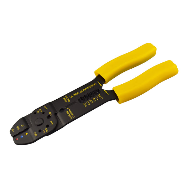 yellow handle crimping tool for crimps and also cuts cable