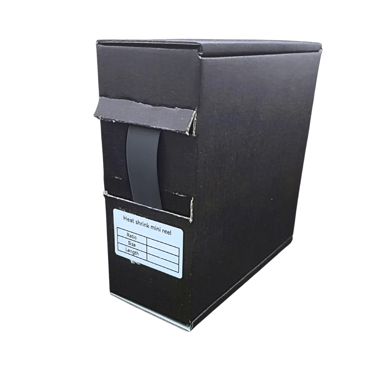 Black cardboard box with a label on a white background