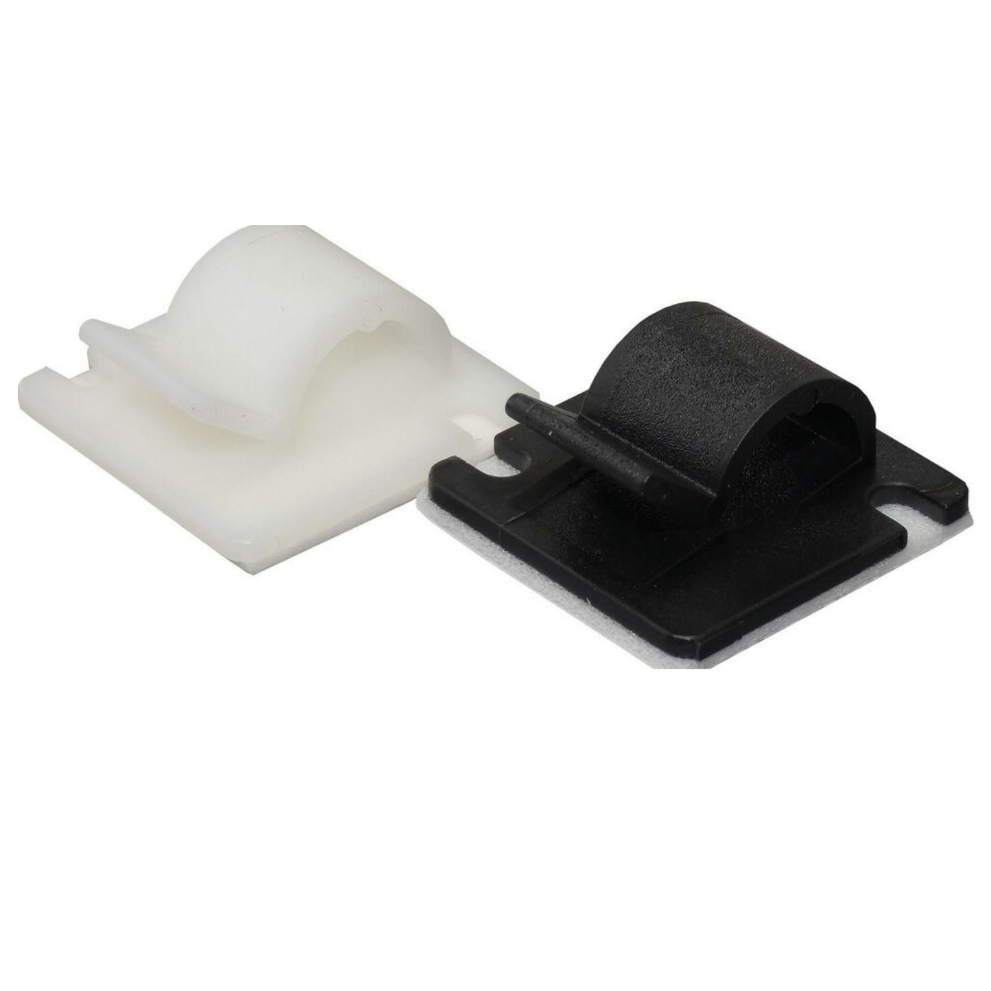 Two adhesive backed cable clips one black and one white