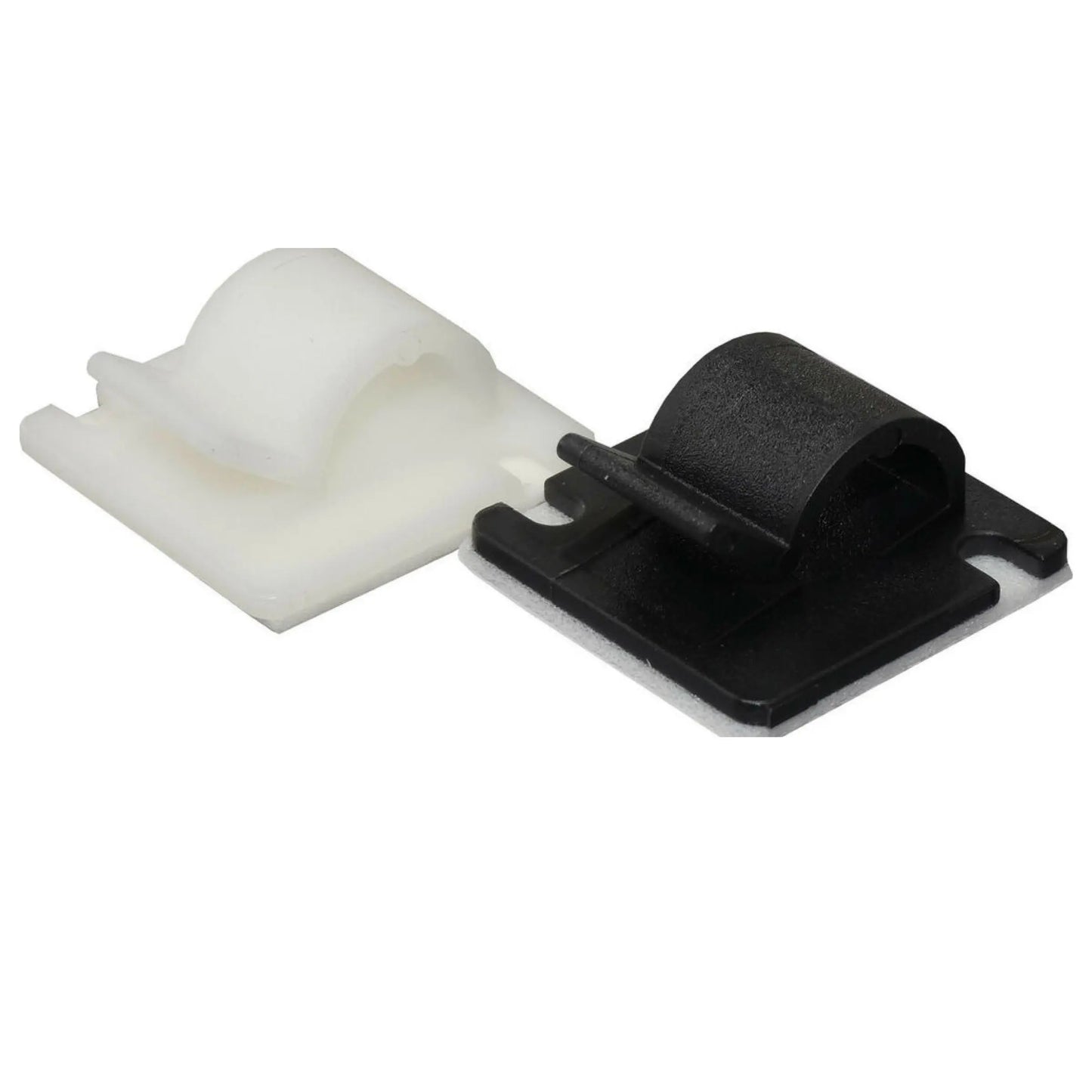 Two adhesive backed cable clips one black and one white