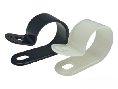 Two cable clips, one black and one white, on a white background