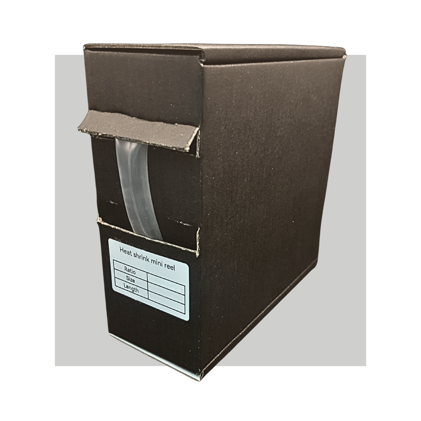 Black cardboard box with a heat shrink mini reel inside on a white background