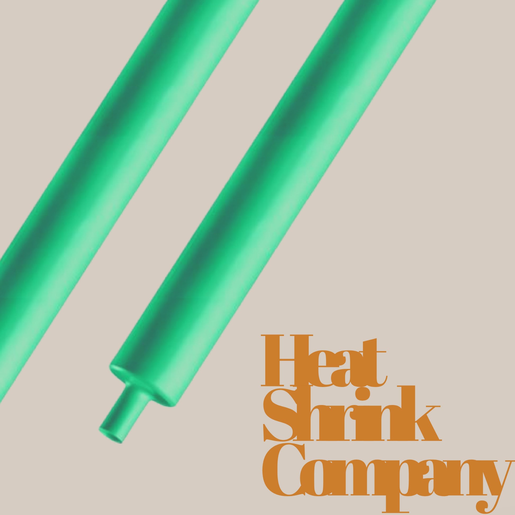 Two green heat shrink tubes on a beige background, with text reading "Heat Shrink Company" in the lower right corner.
