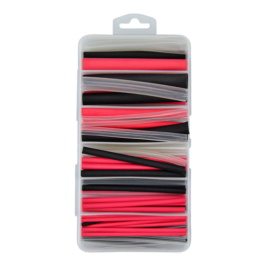 Box with adhesive lined - Black/Red 100mm Lengths of 2.4mm red, black & clear x 10pcs each, 3.2mm red, black & clear x 7pcs each, 4.8mm red, black & clear x 5pcs each, 6.4mm red, black & clear x 4pcs each, 9.5mm red, black & clear x 2pcs each, 12.7mm red, black & clear x 1pc each / UL Approved / RoHS Compliant