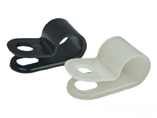 Black and white plastic clips on a white background
