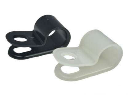 Black and white plastic clips on a white background