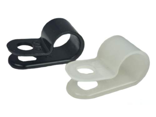 Black and white cable clips on a white background