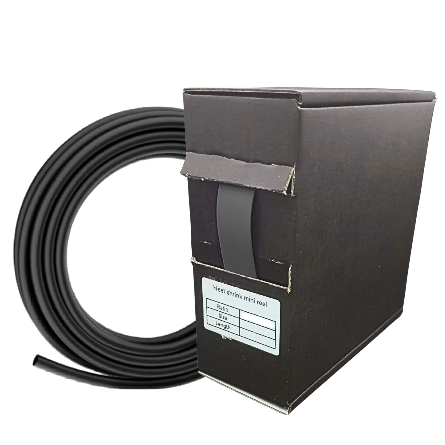 Black cable reel with cardboard box on a white background