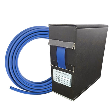 Blue heat shrink tubing next to a black box on a white background