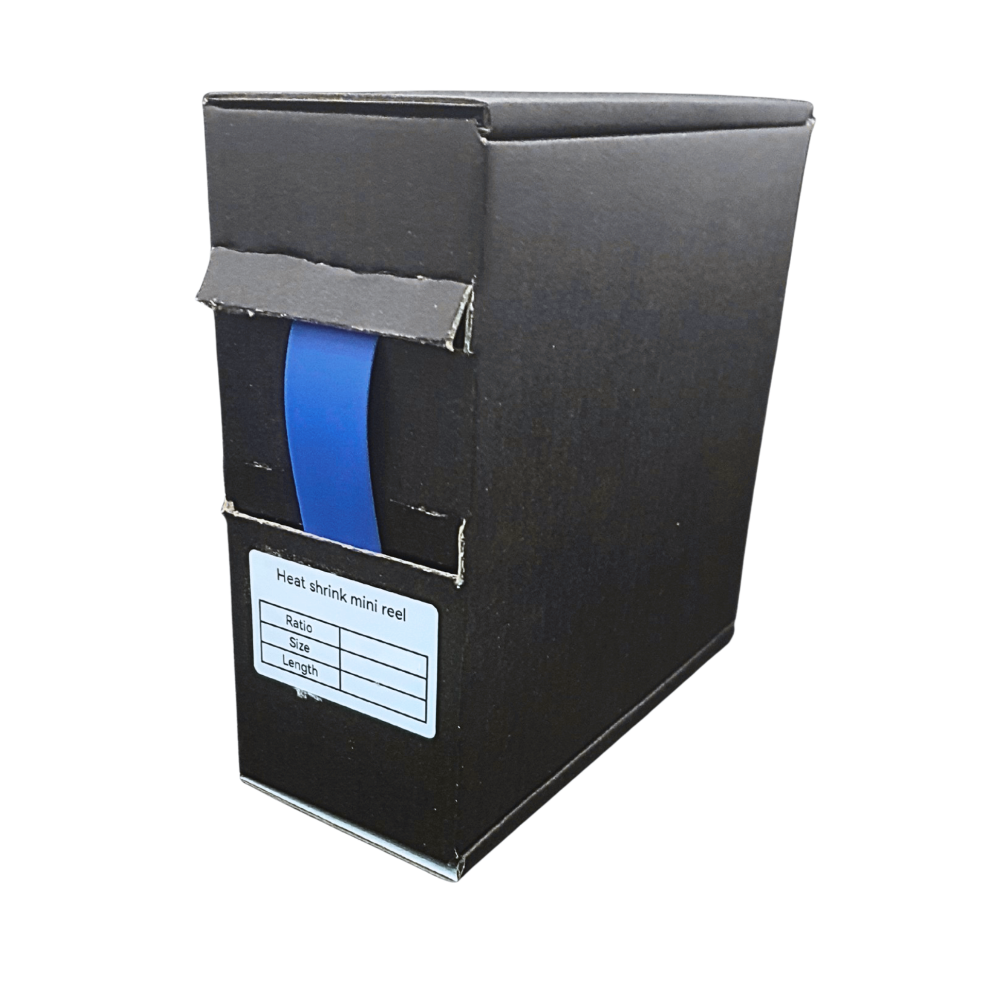 Black box with a blue heat shrink mini reel inside on a white background