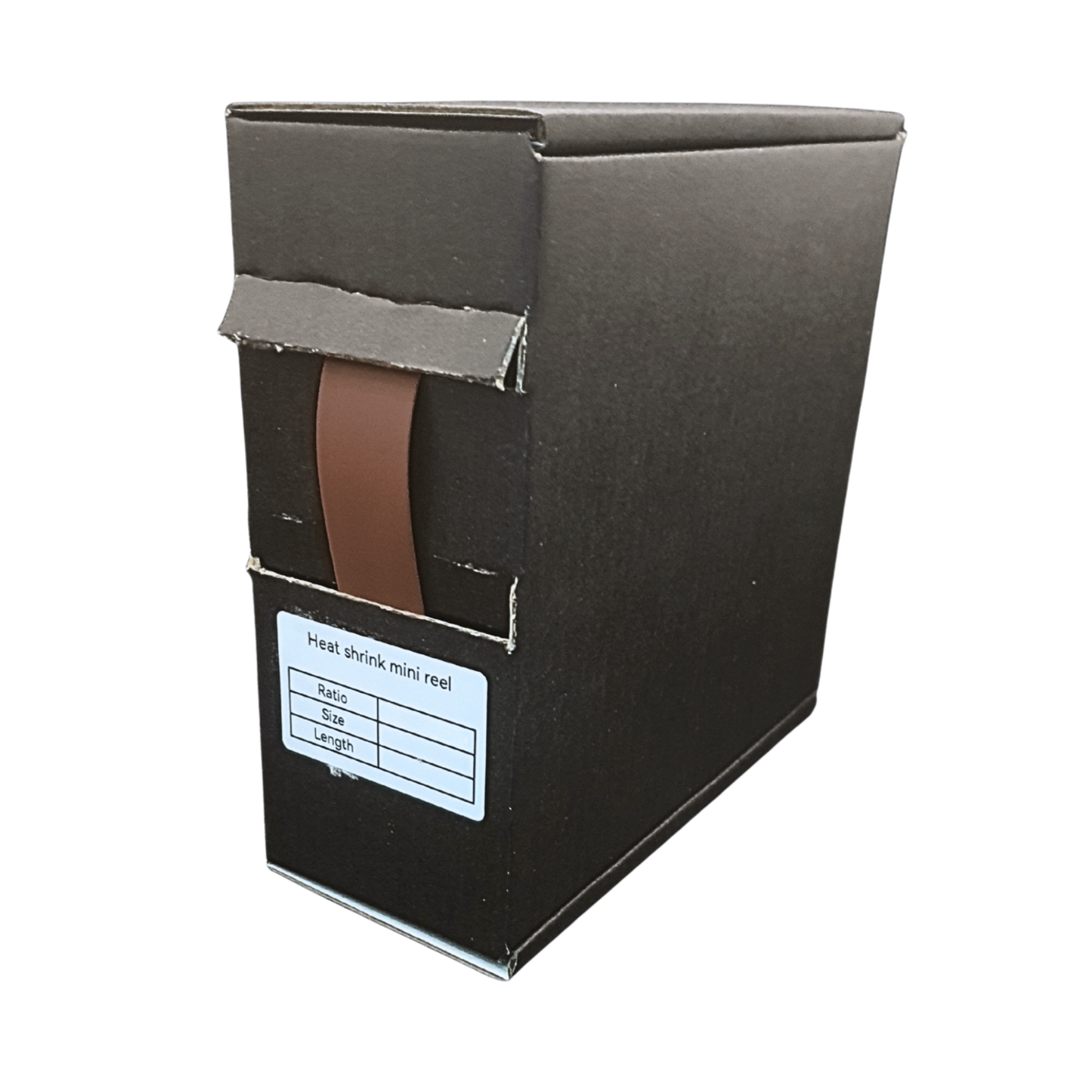 Black cardboard box with a brown strip and label on a white background