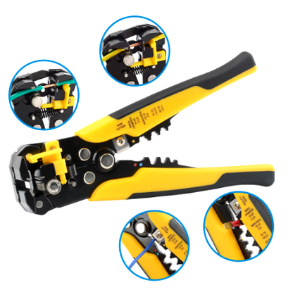 A yellow and black strip and crimp tool for automotive cables, with close-up views of the tool's various features.