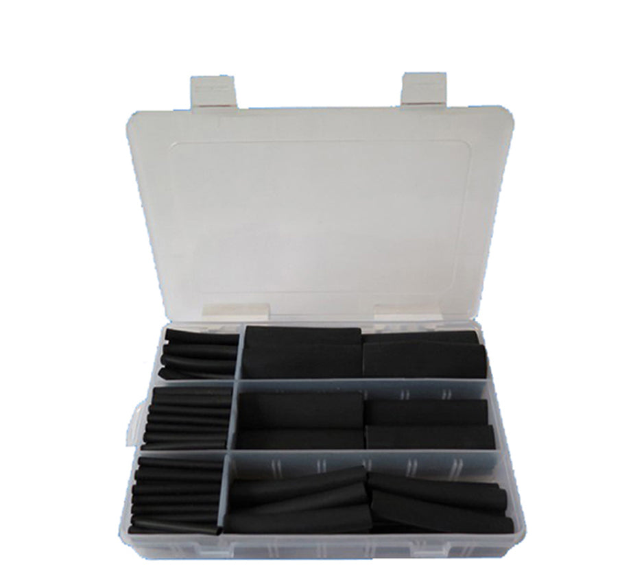 A plastic case containing black heat shrink tubing in various sizes, organized by size with dual wall and normal wall tubing separate.