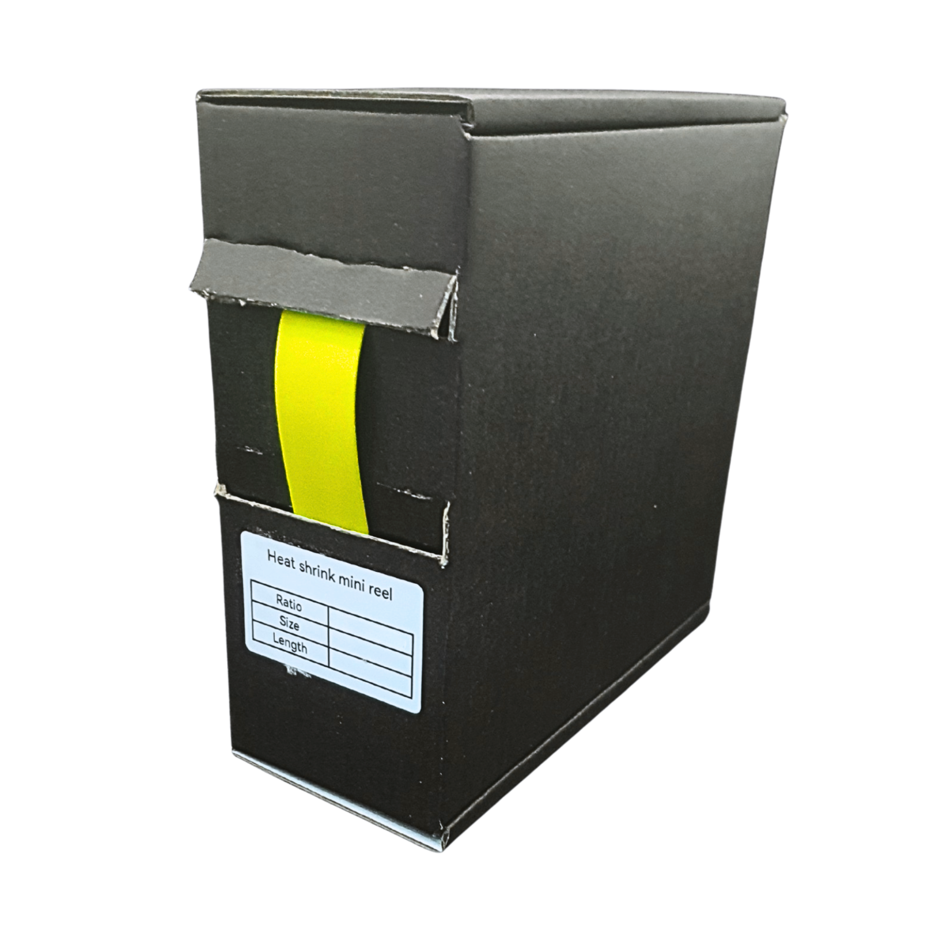 Black box with a yellow heat shrink mini reel inside on a white background