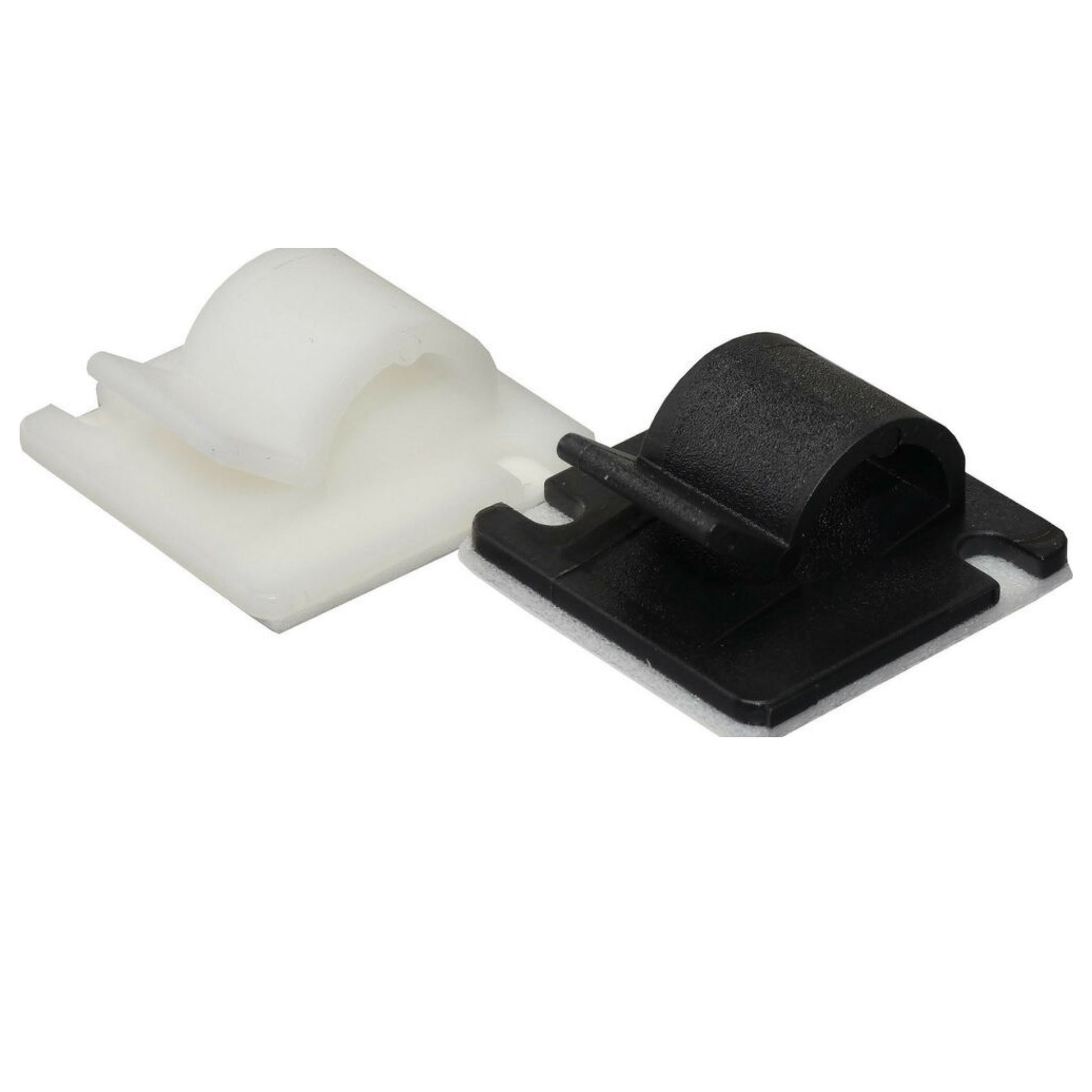 Two adhesive backed cable clips one black and one white