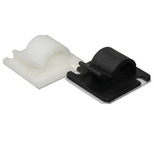 Two adhesive backed cable clips one black and one white